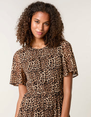 Leopard Print Mesh Crew Neck Mini Dress