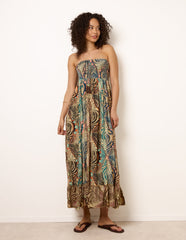 Bold Print Bandeau Shirred Maxi Dress