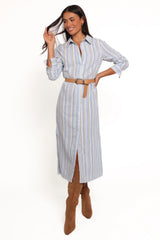 Caprice Long Sleeve Button Down Maxi Dress - Blue Stripe