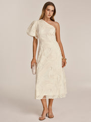 One Shoulder Textured Ruffled Mesh Midi Dress