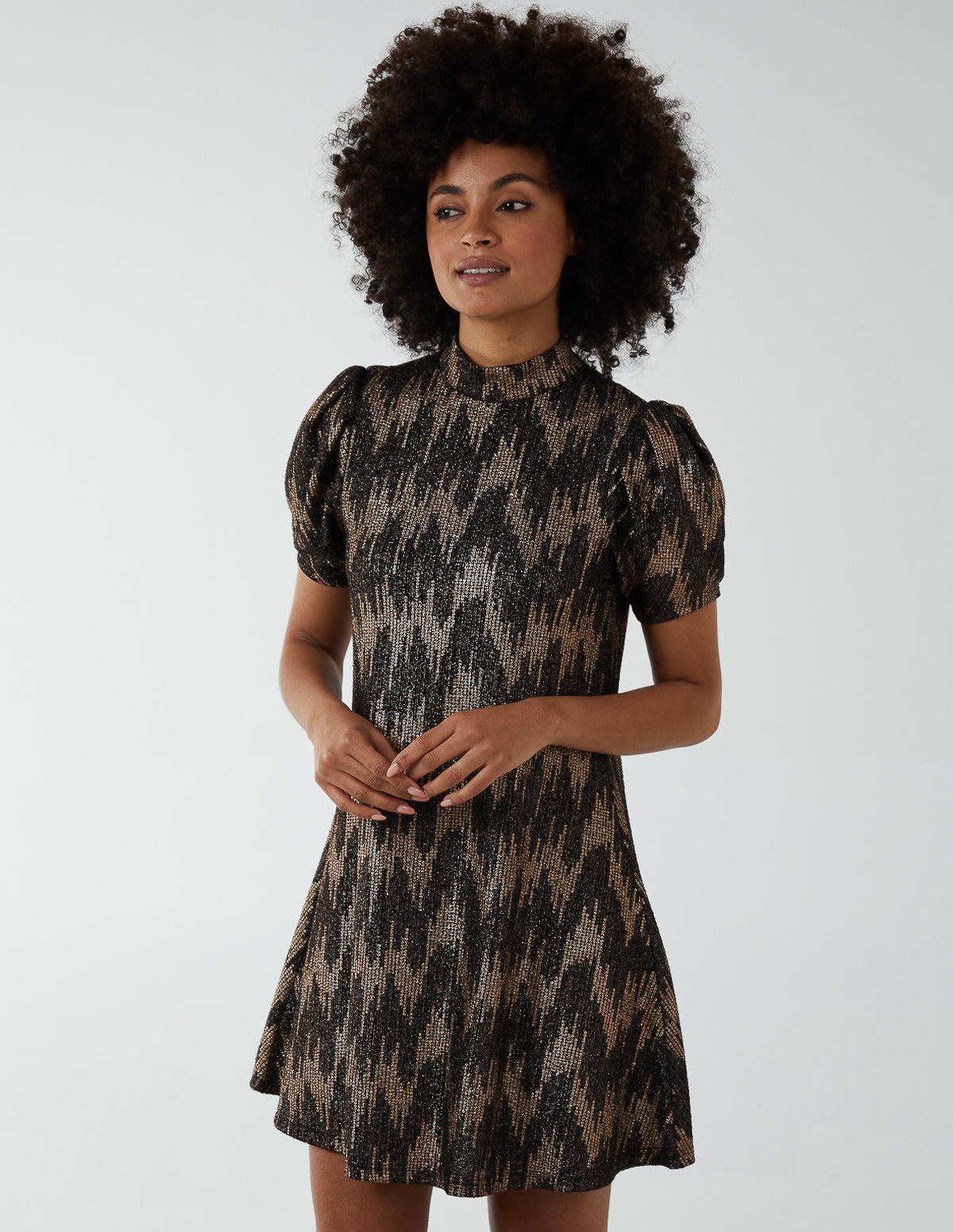Foil Zig Zag Puff Sleeve Swing Dress