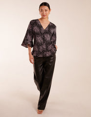 Button Front V Neck Flounce Blouse
