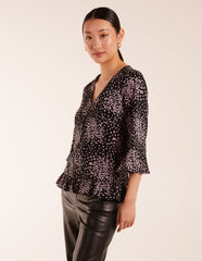 Button Front V Neck Flounce Blouse