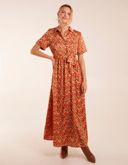 Geometric Belted Maxi Shirt Dress
