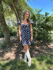 Rachel Navy Polka Dot Puff Sleeve Mini Dress