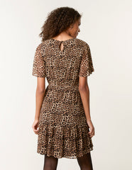 Leopard Print Mesh Crew Neck Mini Dress