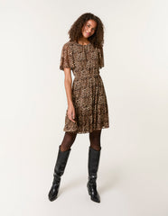 Leopard Print Mesh Crew Neck Mini Dress
