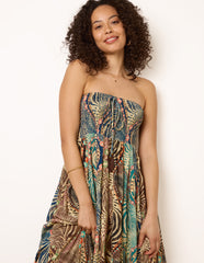 Bold Print Bandeau Shirred Maxi Dress