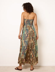 Bold Print Bandeau Shirred Maxi Dress